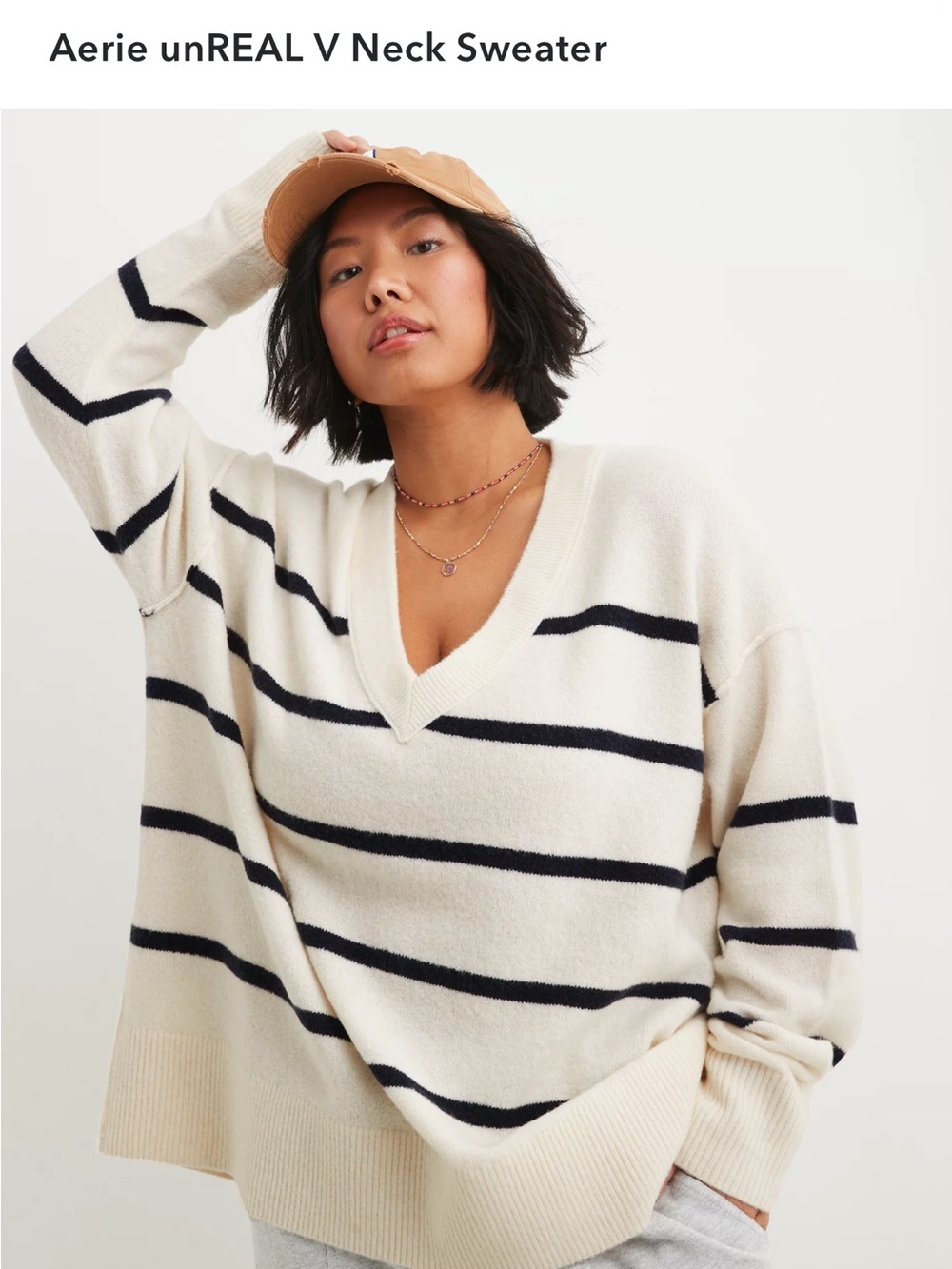 Aerie unREAL V-Neck Striped Sweater - Whit Navy Size Small